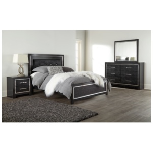 Kaydell Queen Upholstered Panel Bed with Mirrored Dresser, Black