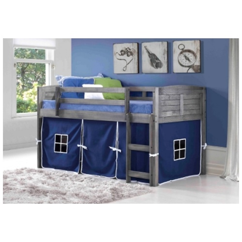 Kids Louvered Twin Low Loft Bed With Tent, Antique Gray/Blue