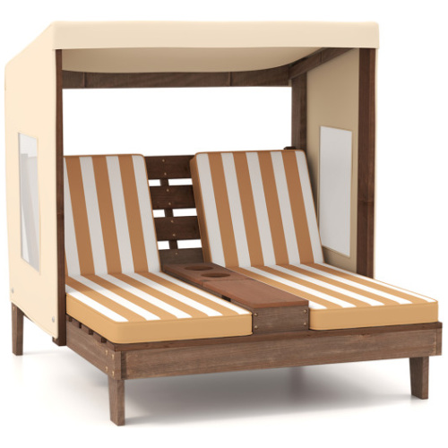 Kids Patio Lounge Chair with Cup Holders and Awning-Brown