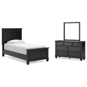 Lanolee Twin Panel Bed with Mirrored Dresser, Black