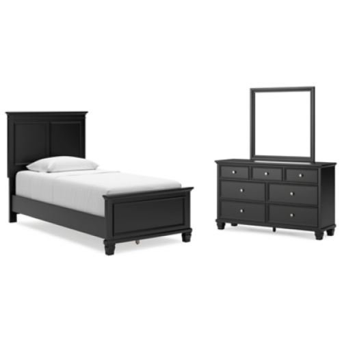 Lanolee Twin Panel Bed with Mirrored Dresser, Black
