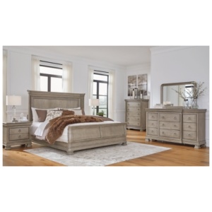 Lexorne California King Sleigh Bed with Mirrored Dresser, Chest and 2 Nightstands, Gray