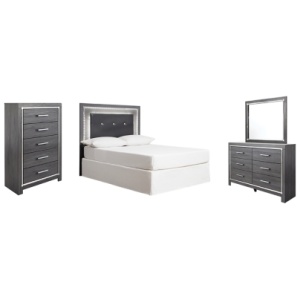 Lodanna Full Upholstered Panel Headboard Bed with Mirrored Dresser and Chest, Gray