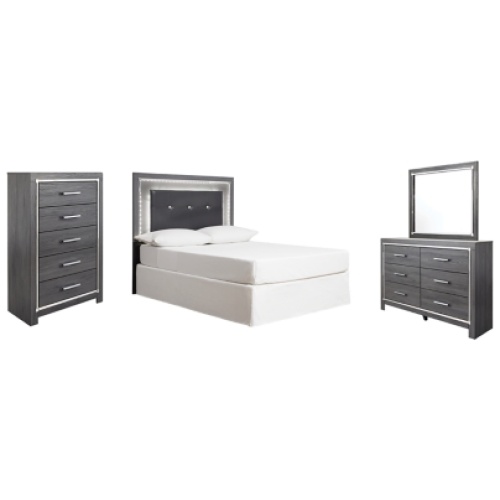 Lodanna Full Upholstered Panel Headboard Bed with Mirrored Dresser and Chest, Gray