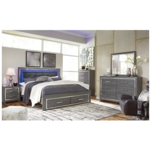 Lodanna King Panel Bed with 2 Storage Drawers with Mirrored Dresser and Chest, Gray