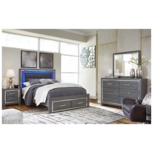 Lodanna Queen Panel Bed with 2 Storage Drawers with Mirrored Dresser, Gray