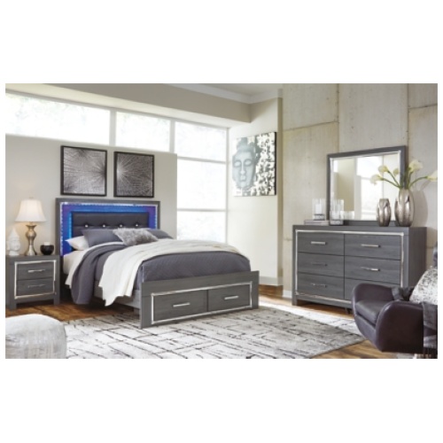 Lodanna Queen Panel Bed with 2 Storage Drawers with Mirrored Dresser, Gray
