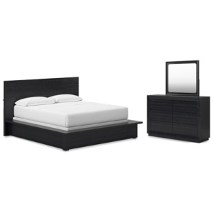 Londer California King Panel Bed with Mirrored Dresser, Black