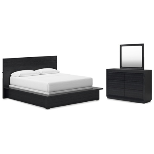 Londer California King Panel Bed with Mirrored Dresser, Black