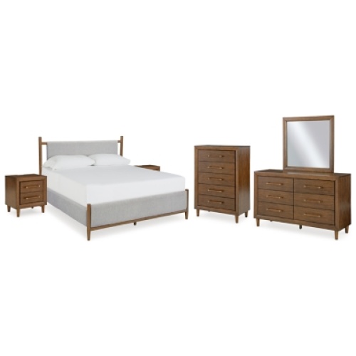 Lyncott King Upholstered Bed with Mirrored Dresser, Chest and 2 Nightstands, Brown