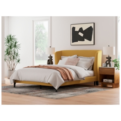 Maloken Queen Wingback Upholstered Platform Bed, Mustard