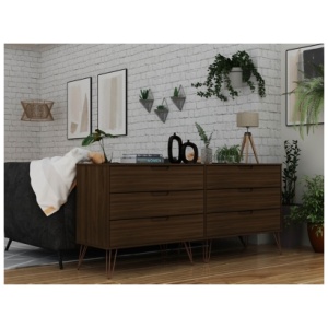 Manhattan Comfort 70" 6 Drawer Double Low Dresser, Brown