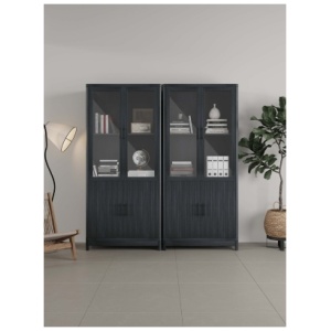 Manhattan Comfort Jodie 68" Bookcase With Tempered Glass Doors (Set of 2), Charcoal Gray