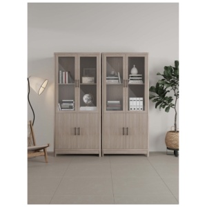 Manhattan Comfort Jodie 68" Bookcase With Tempered Glass Doors (Set of 2), White Washed Oak