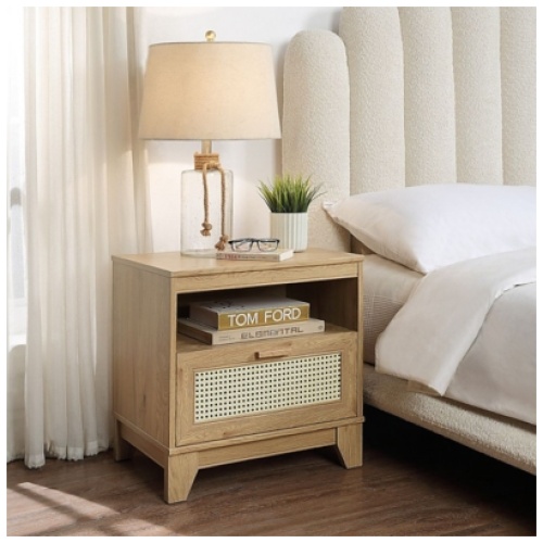 Manhattan Comfort Sheridan Cane 1-Drawer Nightstand, Natural