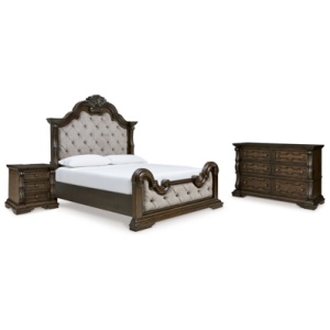 Maylee King Upholstered Bed with Dresser and Nightstand, Dark Brown