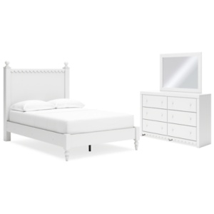 Mollviney Full Panel Bed with Mirrored Dresser, White