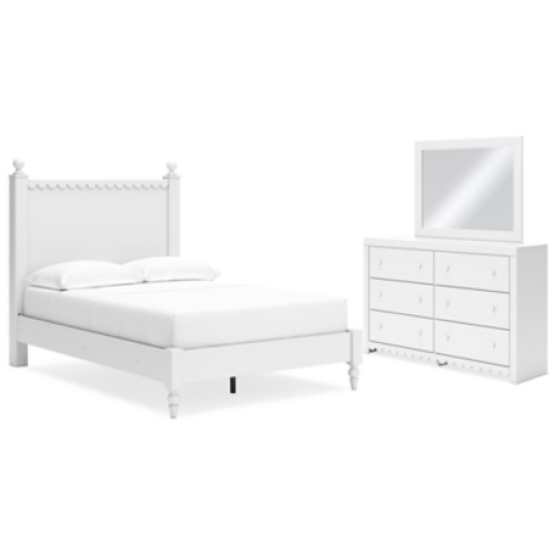 Mollviney Full Panel Bed with Mirrored Dresser, White