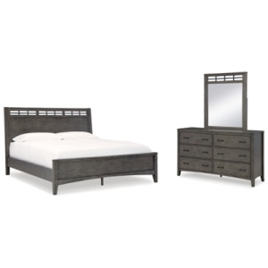 Montillan California King Panel Bed with Mirrored Dresser, Grayish Brown