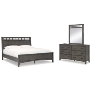 Montillan Queen Panel Bed with Mirrored Dresser, Grayish Brown
