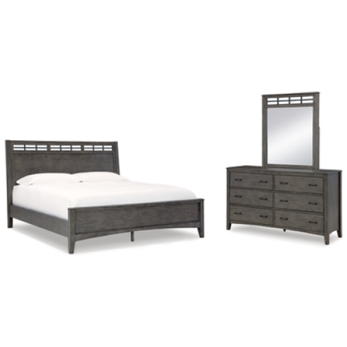 Montillan Queen Panel Bed with Mirrored Dresser, Grayish Brown