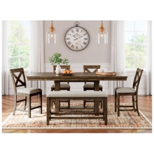 Moriville Counter Height Dining Table and 4 Barstools and Bench, Grayish Brown