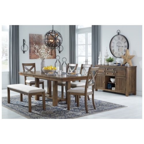 Moriville Dining Table and 4 Chairs and Bench, Grayish Brown