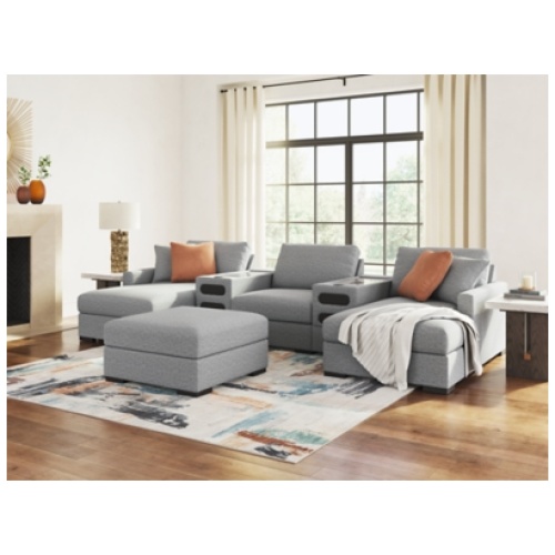 Omaha by Ashley 5-Piece Modular Next-Gen Nuvella™ Performance Fabric Sectional with Double Chaise and Audio Consoles, Salt and Pepper