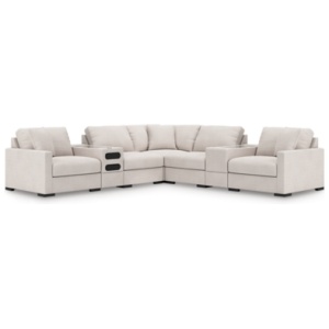 Omaha by Ashley 7-Piece Modular Next-Gen Nuvella™ Performance Fabric Sectional with Audio and Storage Consoles, Stone
