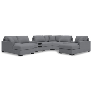 Omaha by Ashley 8-Piece Modular Next-Gen Nuvella™ Performance Fabric Double Chaise Sectional with Audio and Storage Consoles, Salt and Pepper