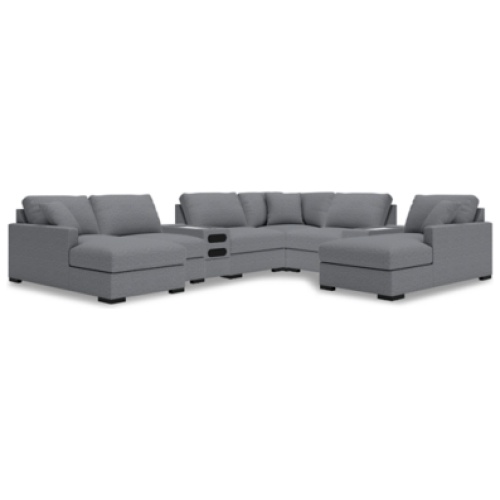 Omaha by Ashley 8-Piece Modular Next-Gen Nuvella™ Performance Fabric Double Chaise Sectional with Audio and Storage Consoles, Salt and Pepper