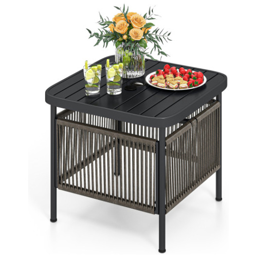 Outdoor Side Table with Umbrella Hole and Storage Shelf