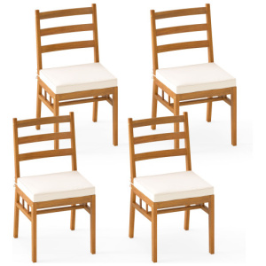 Outdoor Wooden Dining Chair Set of 4 with Padded Seat Cushions-White