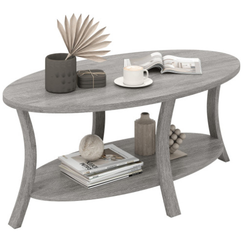 Oval Coffee Table 2-Tier Center Table with Storage Shelf-Gray
