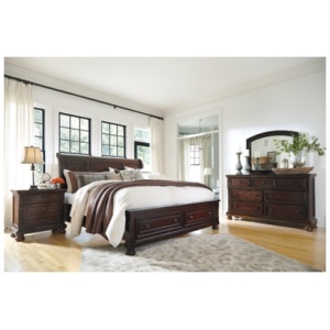 Porter Sleigh Bed with Mirrored Dresser and Chest, Rustic Brown