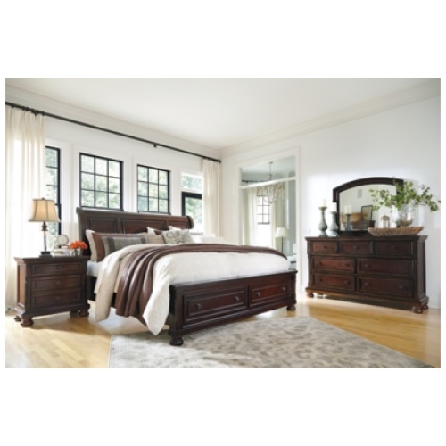 Porter Sleigh Bed with Mirrored Dresser and Chest, Rustic Brown