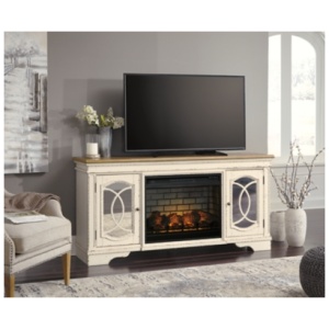 Realyn 74" TV Stand with Electric Fireplace, Chipped White