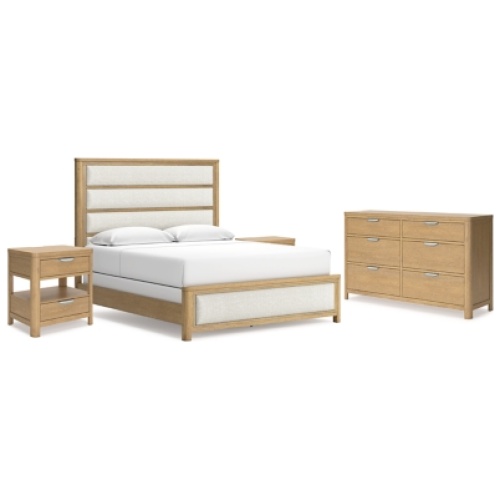 Rencott California King Upholstered Bed with Dresser and 2 Nightstands, Light Brown