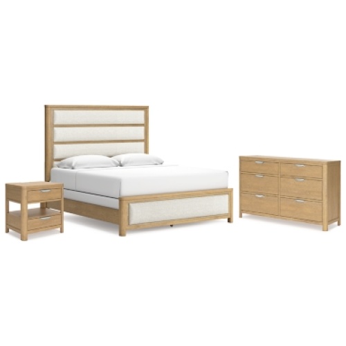 Rencott California King Upholstered Bed with Dresser and Nightstand, Light Brown