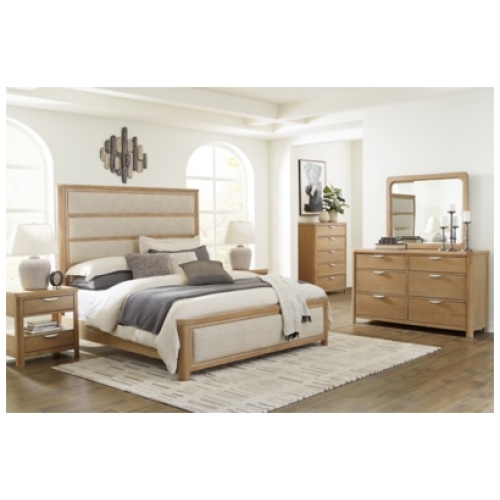 Rencott California King Upholstered Bed with Mirrored Dresser and Nightstand, Light Brown