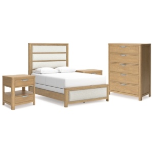 Rencott Queen Upholstered Bed with Chest and 2 Nightstands, Light Brown