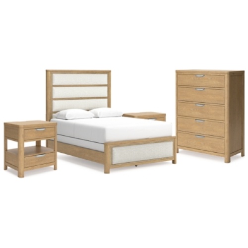 Rencott Queen Upholstered Bed with Chest and 2 Nightstands, Light Brown