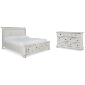 Robbinsdale California King Sleigh Bed with Storage with Mirrored Dresser, Antique White