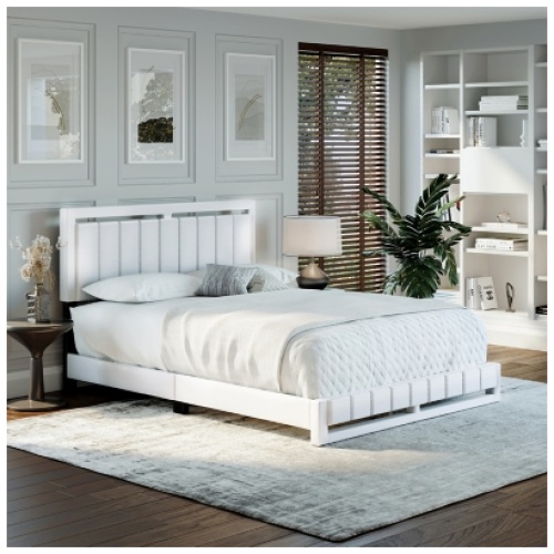 Roza Queen Upholstered Faux Leather Platform Bed, White