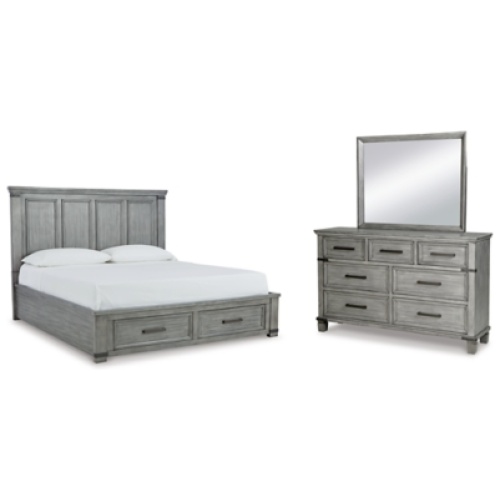 Russelyn California King Storage Bed with Mirrored Dresser, Gray