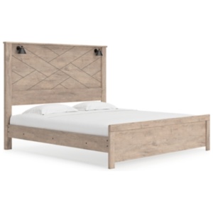 Senniberg King Panel Bed with Sconce Lights, Light Brown/White