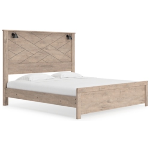 Senniberg King Panel Bed with Sconce Lights, Light Brown/White