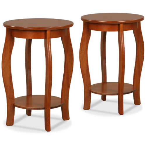 Set of 2 15 Inch 2-Tier Round End Table with Storage Shelf-Walnut