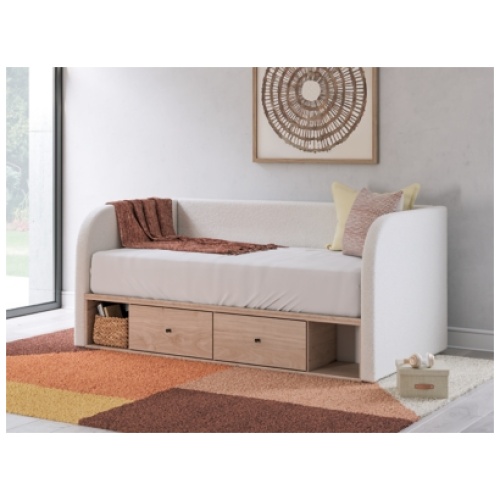 Shapella Twin Upholstered Day Bed with Storage, Tan/White