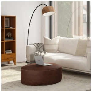 Simpli Home Brody Round Coffee Table Pouf, Distressed Dark Brown